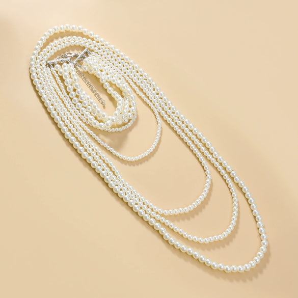 Women's Multilayer Imitation Pearl Necklace Fourpiece Set Resin Geometric Pearl Inlaid Snake Bone Chain Autumn And Winter Accessory