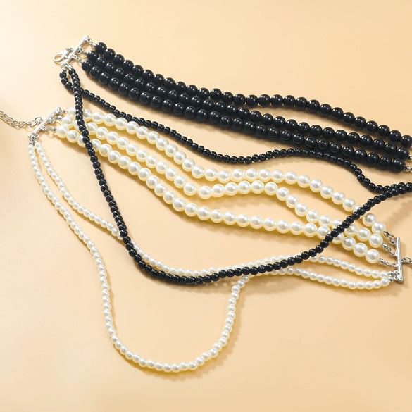 Women's Multilayer Imitation Pearl Necklace Fourpiece Set Resin Geometric Pearl Inlaid Snake Bone Chain Autumn And Winter Accessory