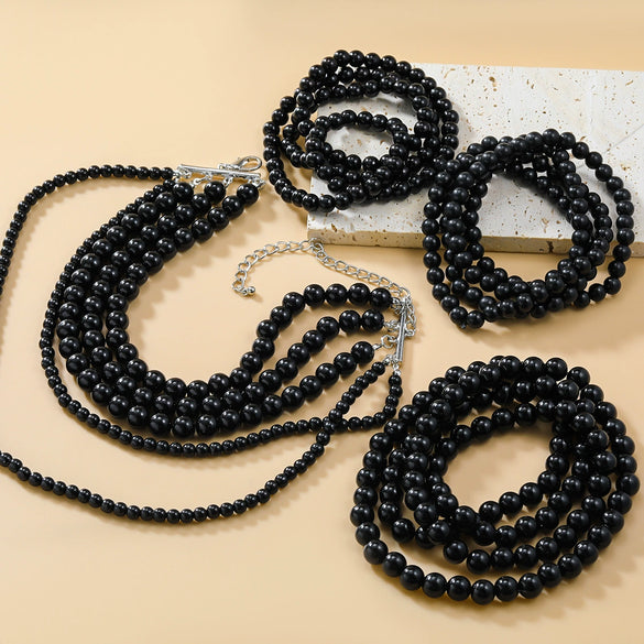 Women's Multilayer Imitation Pearl Necklace Fourpiece Set Resin Geometric Pearl Inlaid Snake Bone Chain Autumn And Winter Accessory