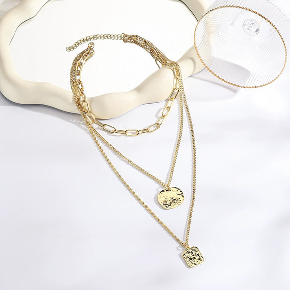 Women's Multilayer Ochain Golden Zinc Alloy Necklace With Geometric Design And Electroplating Treatment