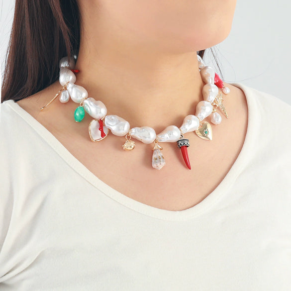 Women's Multilayer Retro Necklace With Imitation Pearls Alloy Heart And Fish Pendant Handmade In Geometric Animal Zodiac Style