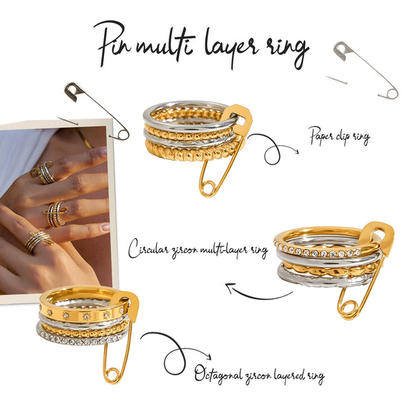 Women's Multilayer Stainless Steel Geometric Ring Electroplated With Zircon Highend Jewelry