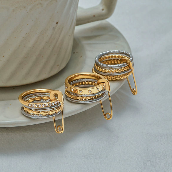 Women's Multilayer Stainless Steel Geometric Ring Electroplated With Zircon Highend Jewelry