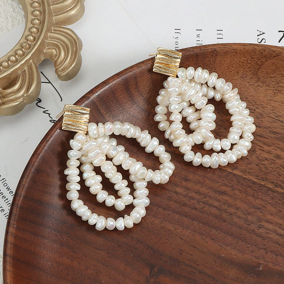 Women's Multilayer Tassel Earrings Freshwater Pearl 925 Silver Needle Copper Inlay Baroque Round Oblate Style