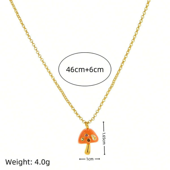 Women's Mushroom Pendant Necklace Geometric Style Copper Mixed Gemstone Inlay 18K Gold Plated