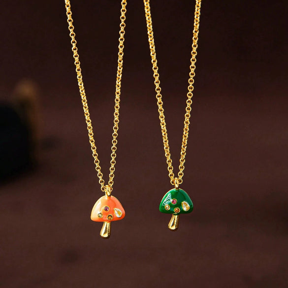 Women's Mushroom Pendant Necklace Geometric Style Copper Mixed Gemstone Inlay 18K Gold Plated