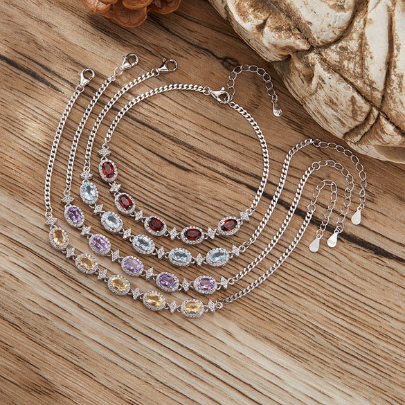 Women's Natural Amethyst Citrine Bracelet S925 Sterling Silver Garnet Topaz Peridot Light Luxury Geometric Jewelry