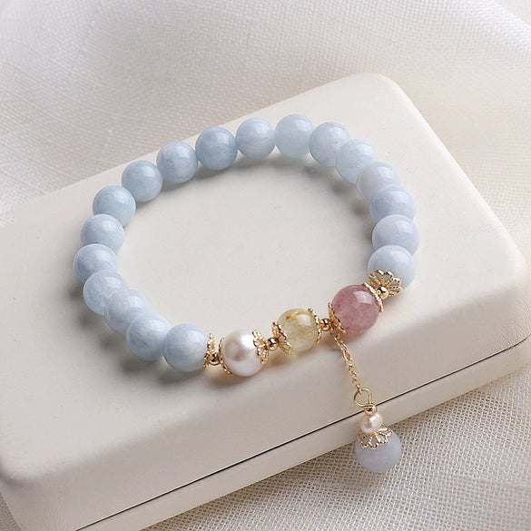Women's Natural Aquamarine Crystal And Strawberry Crystal Pearl Handmade Geometric Design Bracelet Jewelry