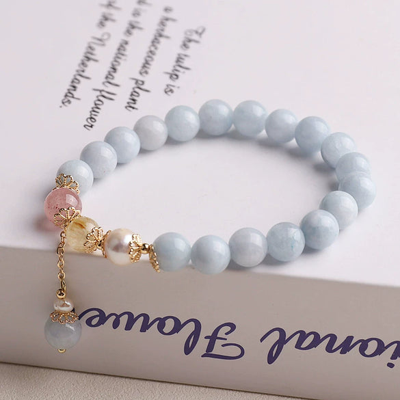 Women's Natural Aquamarine Crystal And Strawberry Crystal Pearl Handmade Geometric Design Bracelet Jewelry