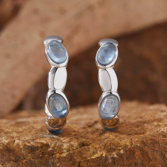 Women's Natural Aquamarine Stud Earrings S925 Sterling Silver Geometric Style Set With Gemstones
