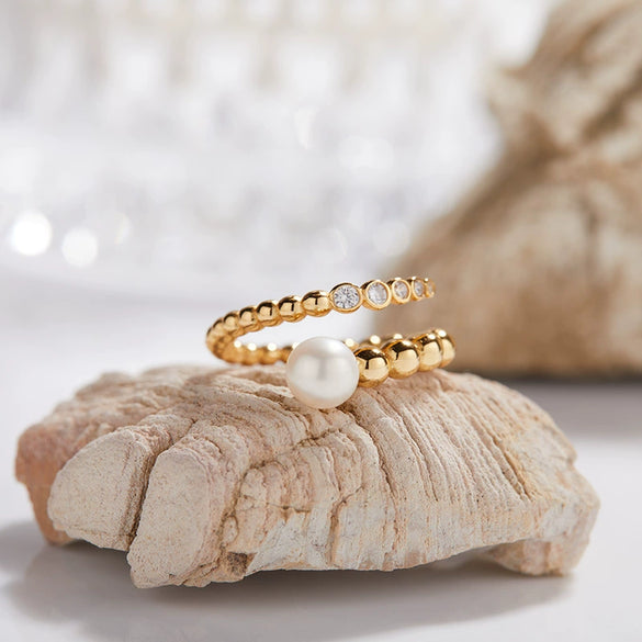 Women's Natural Black And Red Agate Pearl Ring In S925 Sterling Silver With Geometric Design