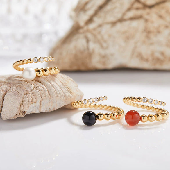 Women's Natural Black And Red Agate Pearl Ring In S925 Sterling Silver With Geometric Design