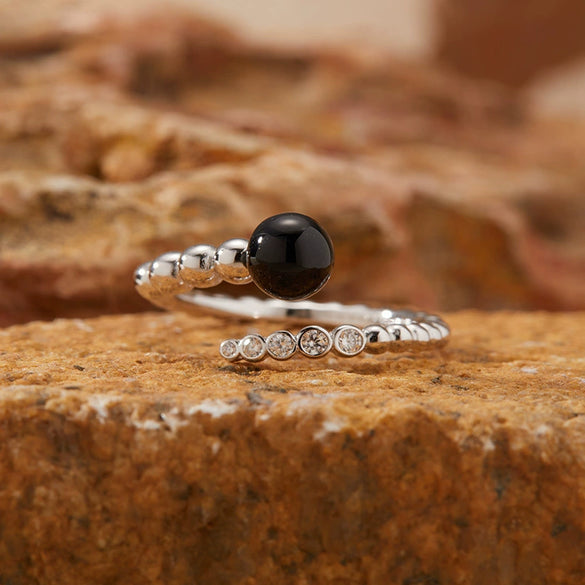 Women's Natural Black And Red Agate Pearl Ring In S925 Sterling Silver With Geometric Design