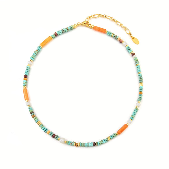 Women's Natural Blue Turquoise Beaded Necklace Handmade Geometric Style