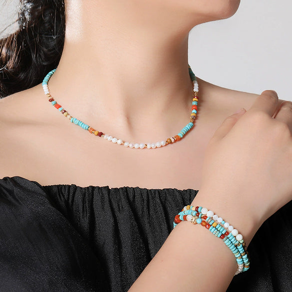 Women's Natural Blue Turquoise Beaded Necklace Handmade Geometric Style