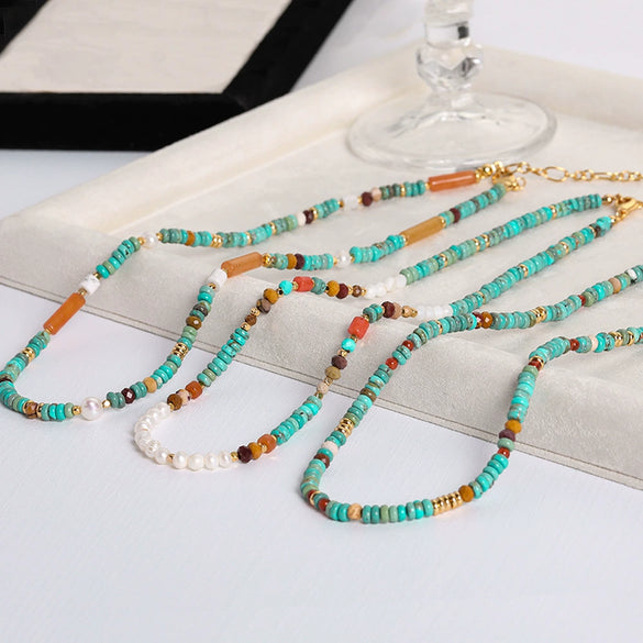 Women's Natural Blue Turquoise Beaded Necklace Handmade Geometric Style