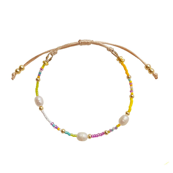 Women's Natural Bohemian Metal Freshwater Pearl And Miyuki Rice Beads Handwoven Geometric Bracelet