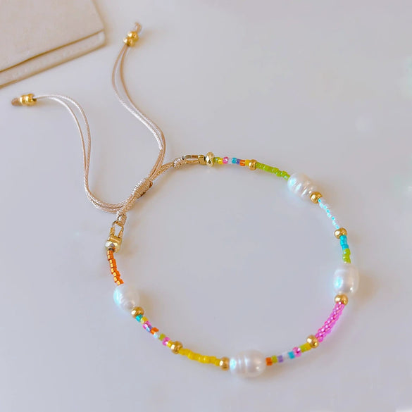 Women's Natural Bohemian Metal Freshwater Pearl And Miyuki Rice Beads Handwoven Geometric Bracelet