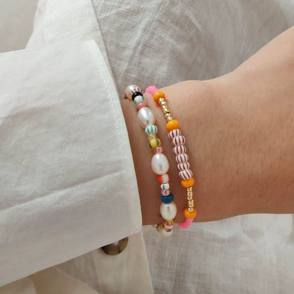 Women's Natural Bohemian Style Handwoven Glass And Glaze Beaded Freshwater Pearl Rope Bracelet With Geometric Pattern