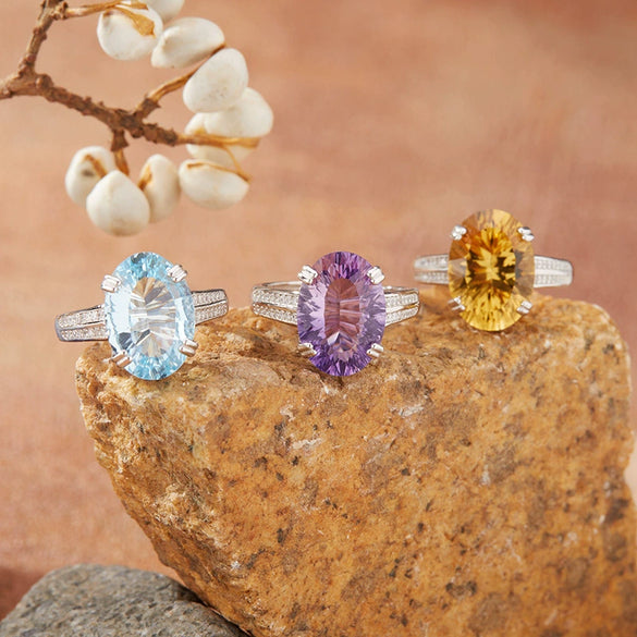 Women's Natural Citrine Amethyst Topaz Ring In S925 Sterling Silver Millennial Cut Geometric Style Set With Crystal