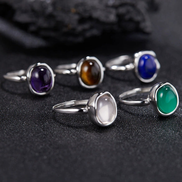 Women's Natural Crystal Gem Set S925 Sterling Silver Geometric Simple Open Ring