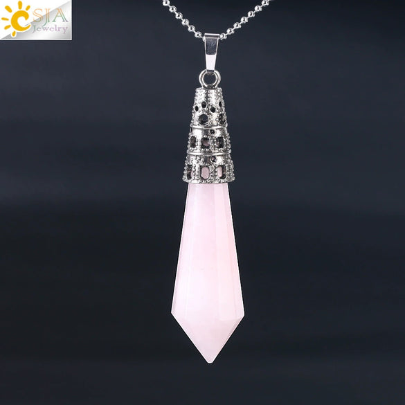 Women's Natural Crystal Hexagonal Prism Bullet Pendant Necklace With Titanium Steel Bead Chain Minimalist Fashion Jewelry