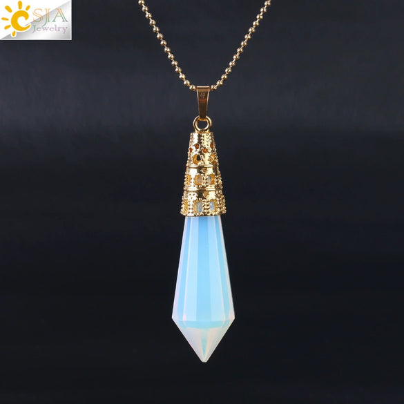 Women's Natural Crystal Hexagonal Prism Bullet Pendant Necklace With Titanium Steel Bead Chain Minimalist Fashion Jewelry