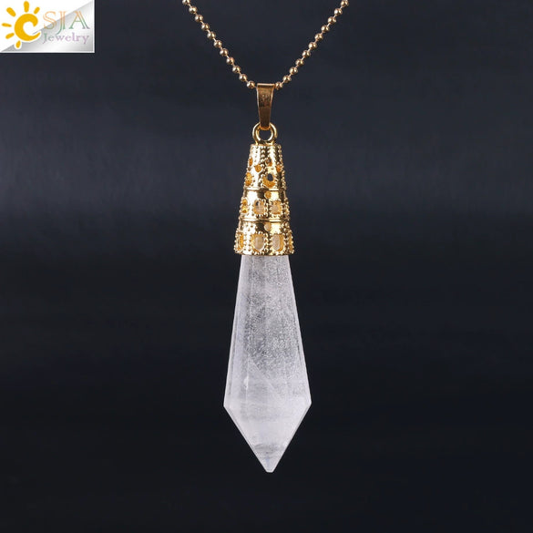Women's Natural Crystal Hexagonal Prism Bullet Pendant Necklace With Titanium Steel Bead Chain Minimalist Fashion Jewelry