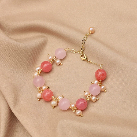 Women's Natural Crystal Pearl Bracelet Retro Geometric Style With Pink Crystal Pendant 18K Gold Plated
