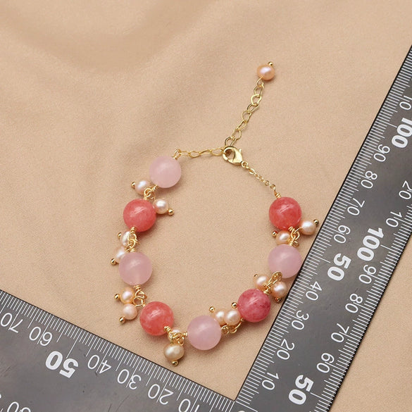 Women's Natural Crystal Pearl Bracelet Retro Geometric Style With Pink Crystal Pendant 18K Gold Plated