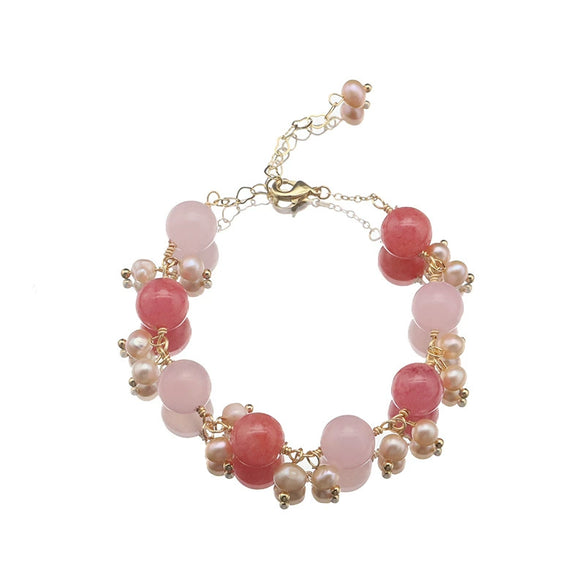 Women's Natural Crystal Pearl Bracelet Retro Geometric Style With Pink Crystal Pendant 18K Gold Plated