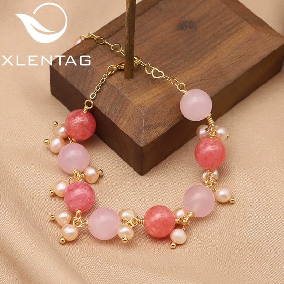Women's Natural Crystal Pearl Bracelet Retro Geometric Style With Pink Crystal Pendant 18K Gold Plated