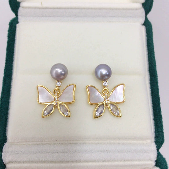 Women's Natural Freshwater Pearl Abalone Shell Butterfly Oblate Earrings