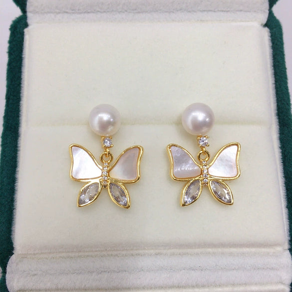 Women's Natural Freshwater Pearl Abalone Shell Butterfly Oblate Earrings