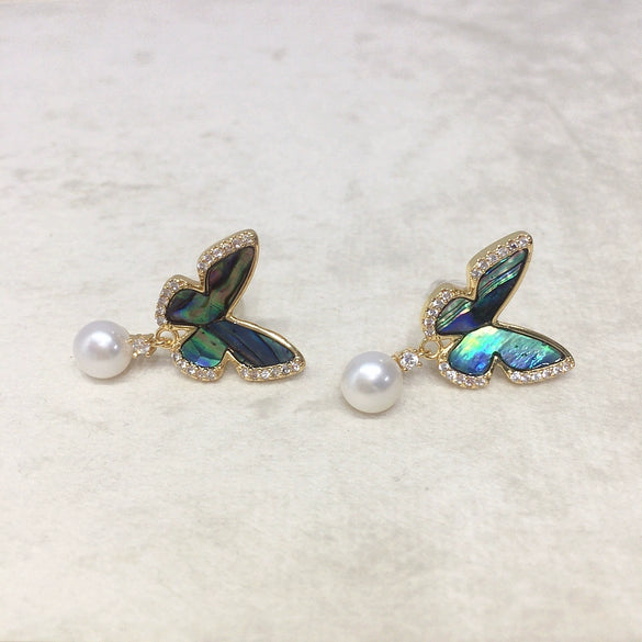 Women's Natural Freshwater Pearl And Abalone Shell Butterfly Earrings