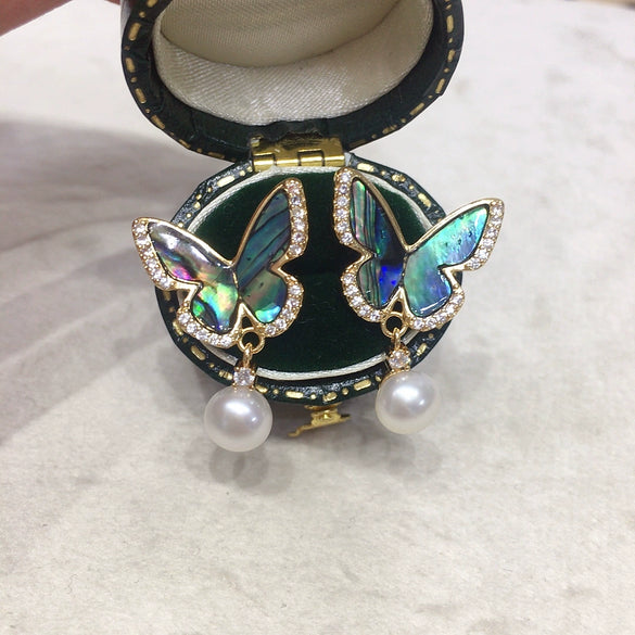 Women's Natural Freshwater Pearl And Abalone Shell Butterfly Earrings