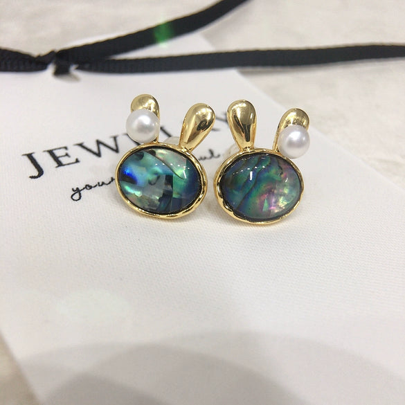 Women's Natural Freshwater Pearl And Abalone Shell Cute Rabbit Earrings In S925 Sterling Silver