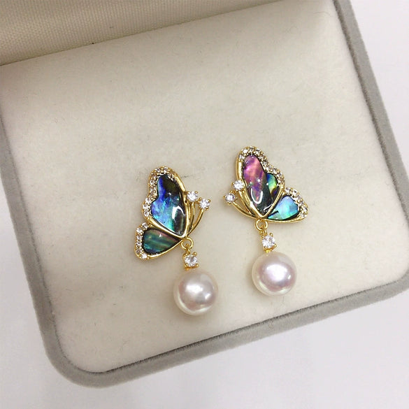 Women's Natural Freshwater Pearl And Abalone Shell Earrings In S925 Sterling Silver With 18K Gold Oblate Shape
