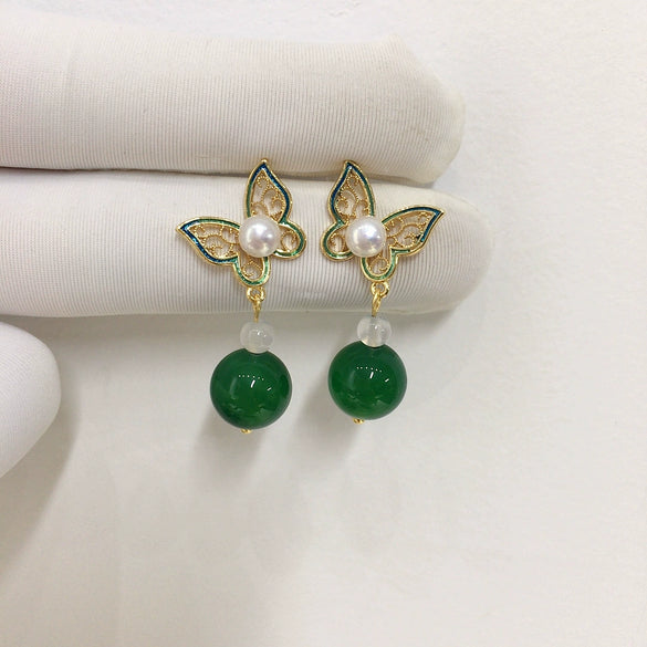 Women's Natural Freshwater Pearl And Agate Butterfly Earrings In S925 Sterling Silver