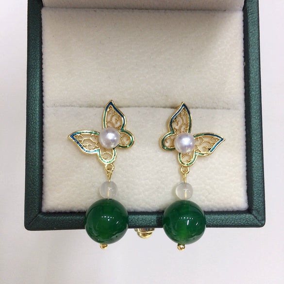 Women's Natural Freshwater Pearl And Agate Butterfly Earrings In S925 Sterling Silver