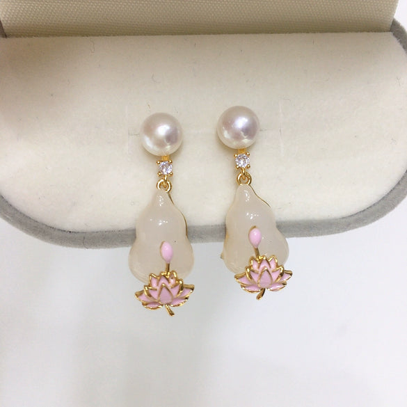 Women's Natural Freshwater Pearl And Chalcedony Earrings With Oblate Shape S925 Sterling Silver Needle