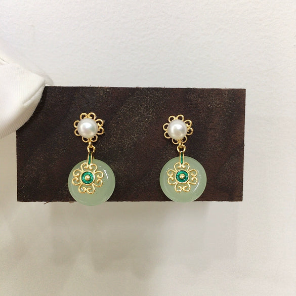 Women's Natural Freshwater Pearl And Chalcedony Earrings With S925 Sterling Silver Needle Flat Round Shape
