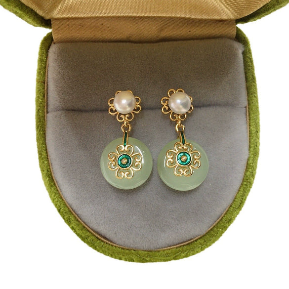 Women's Natural Freshwater Pearl And Chalcedony Earrings With S925 Sterling Silver Needle Flat Round Shape