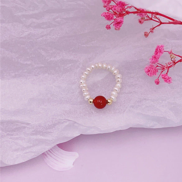Women's Natural Freshwater Pearl And Moonstone Ring With Geometric Pattern Retro Light Luxury Style