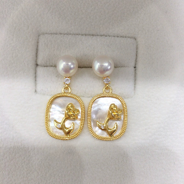 Women's Natural Freshwater Pearl And Sea Shell Rose Earrings In S925 Sterling Silver And 18K Goldfilled