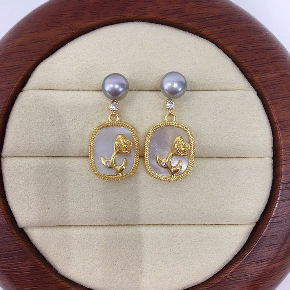 Women's Natural Freshwater Pearl And Sea Shell Rose Earrings In S925 Sterling Silver And 18K Goldfilled