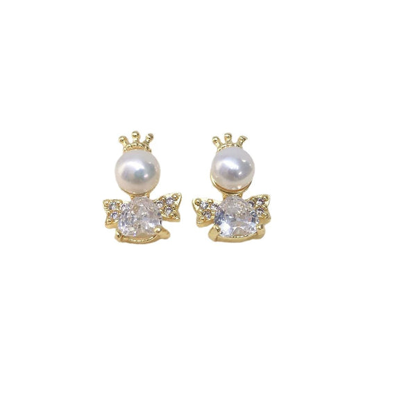 Women's Natural Freshwater Pearl And Zircon Earrings With Oblate Shape