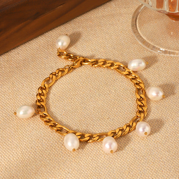 Women's Natural Freshwater Pearl Anklet Stainless Steel Geometric Figaro Chain 18K Goldplated Titanium Steel Nonfading