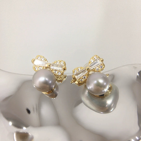 Women's Natural Freshwater Pearl Bow Zircon Earrings 18K Goldfilled Oblate Round