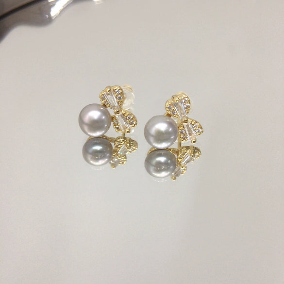 Women's Natural Freshwater Pearl Bow Zircon Earrings 18K Goldfilled Oblate Round
